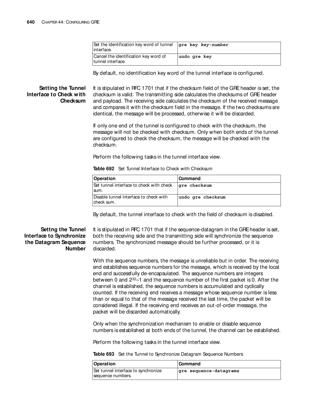 3Com 10014299 manual Number discarded, Set Tunnel Interface to Check with Checksum, Gre key key-number 