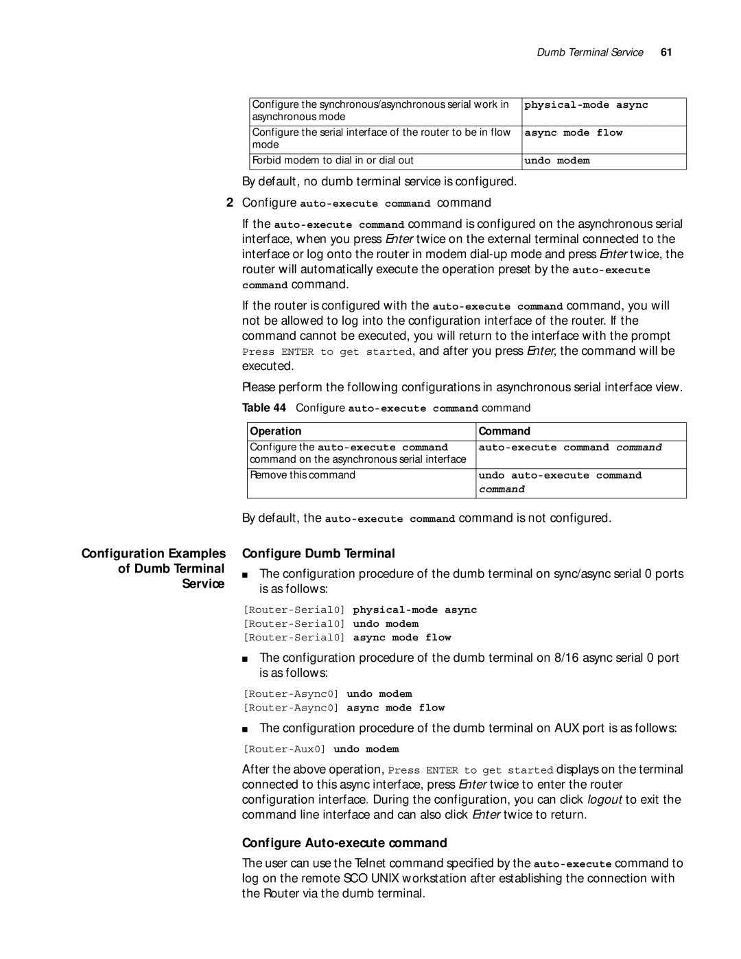 3Com 10014299 manual Configuration Examples Dumb Terminal Service, Configure Dumb Terminal, Configure Auto-execute command 