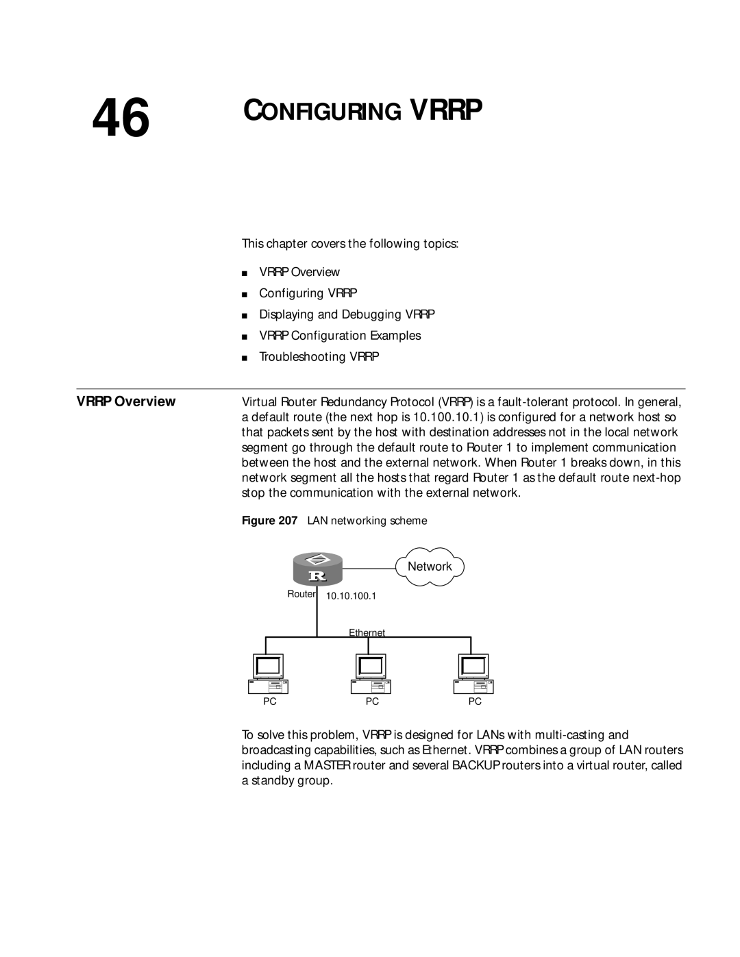 3Com 10014299 manual Vrrp Overview, Displaying and Debugging Vrrp, Vrrp Configuration Examples, Troubleshooting Vrrp 