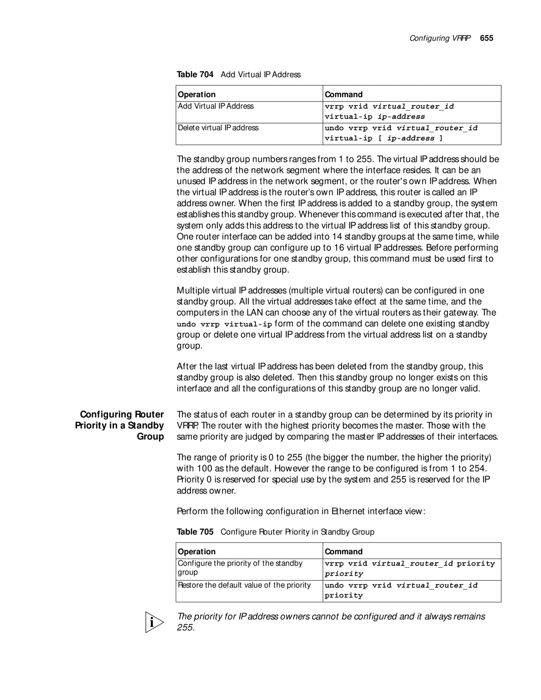 3Com 10014299 manual Add Virtual IP Address, Configure Router Priority in Standby Group, Vrrp vrid virtualrouterid 