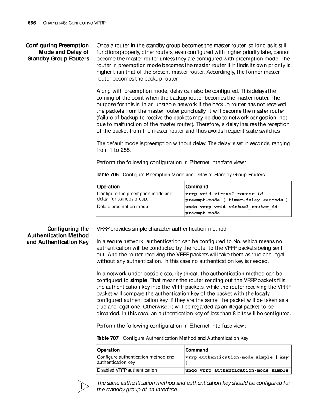 3Com 10014299 Configuring Authentication Method Authentication Key, Vrrp provides simple character authentication method 