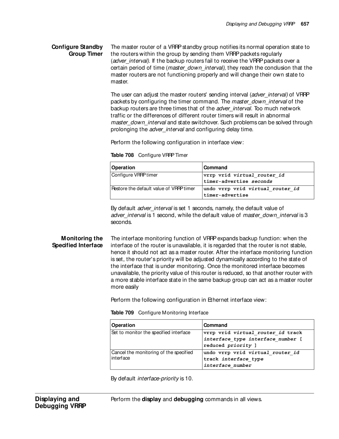 3Com 10014299 manual Debugging Vrrp, Configure Standby, Group Timer, Monitoring, Specified Interface 