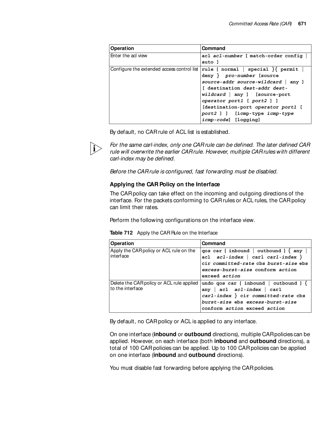 3Com 10014299 manual By default, no CAR rule of ACL list is established, Applying the CAR Policy on the Interface 