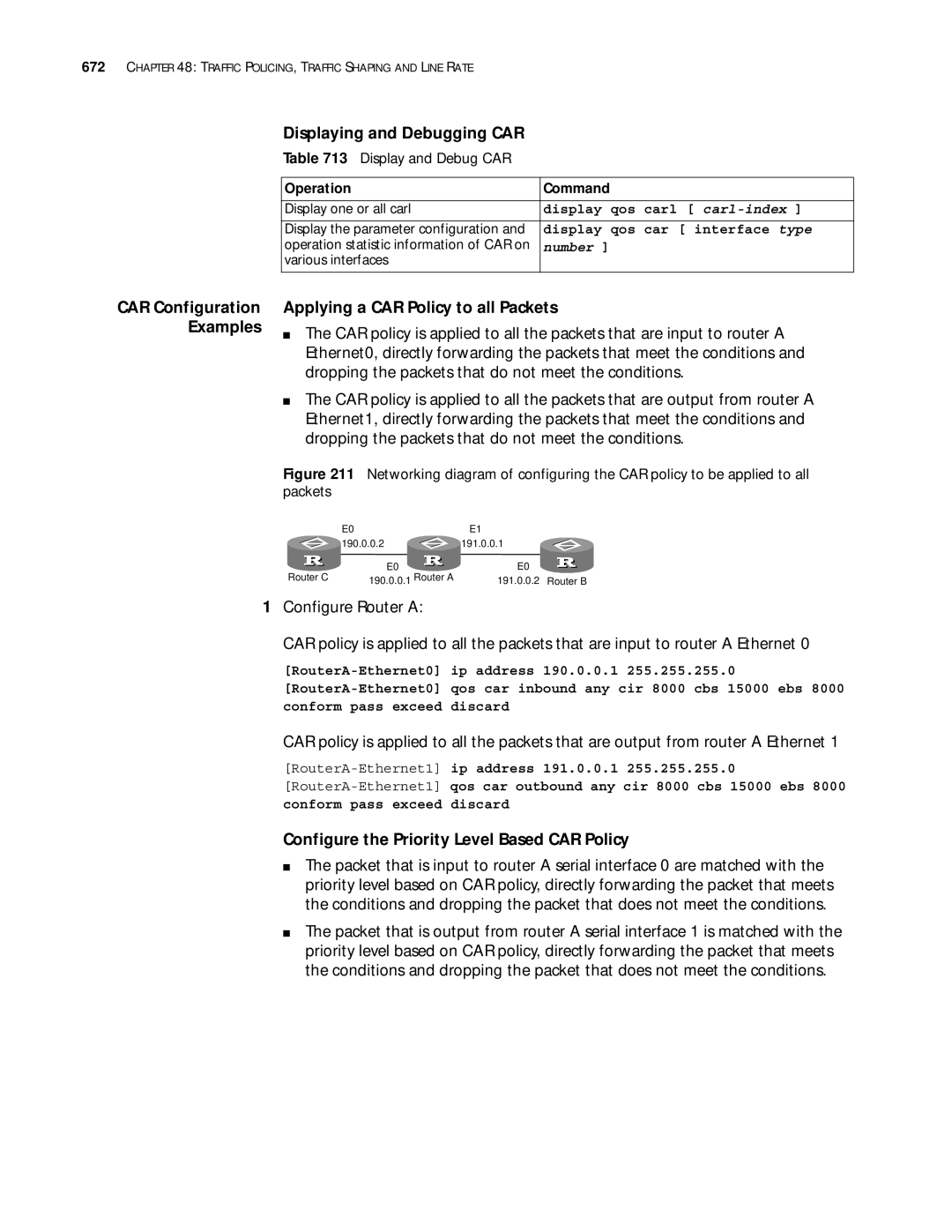 3Com 10014299 Displaying and Debugging CAR, CAR Configuration Applying a CAR Policy to all Packets, Display and Debug CAR 