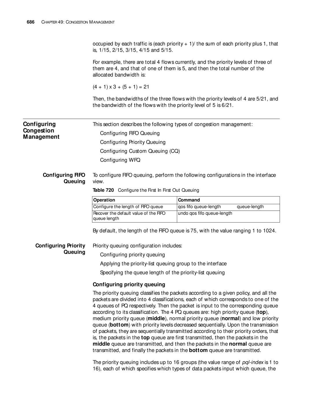 3Com 10014299 manual Configuring Congestion Management, Configuring Fifo Queuing, Configuring priority queuing 