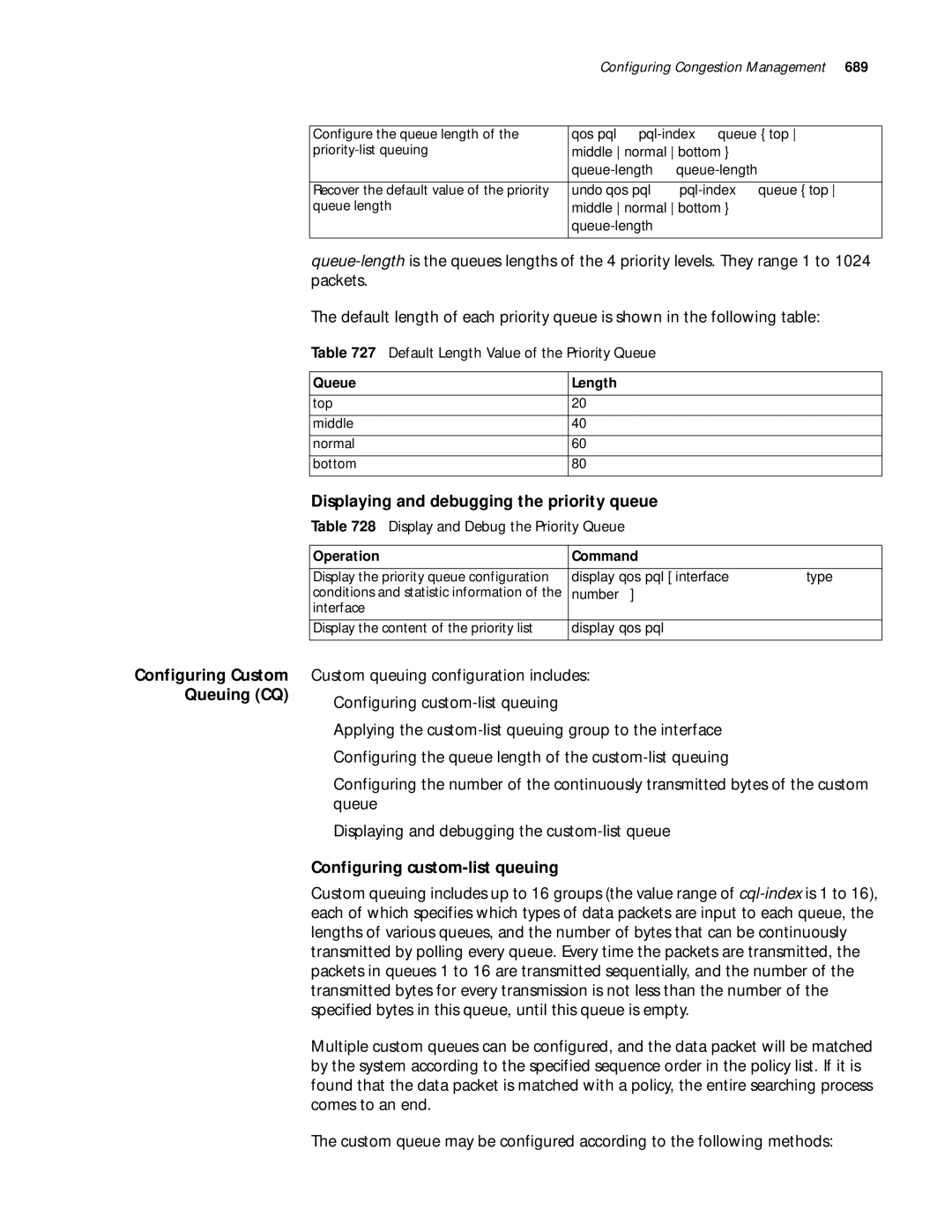 3Com 10014299 Displaying and debugging the priority queue, Configuring custom-list queuing, Configuring Custom Queuing CQ 