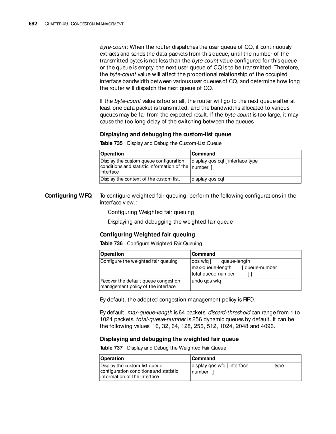 3Com 10014299 manual Displaying and debugging the custom-list queue, Configuring Weighted fair queuing 