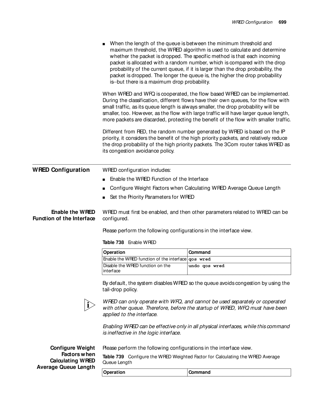 3Com 10014299 manual Wred Configuration, Enable the Wred, Function of the Interface, Enable Wred 