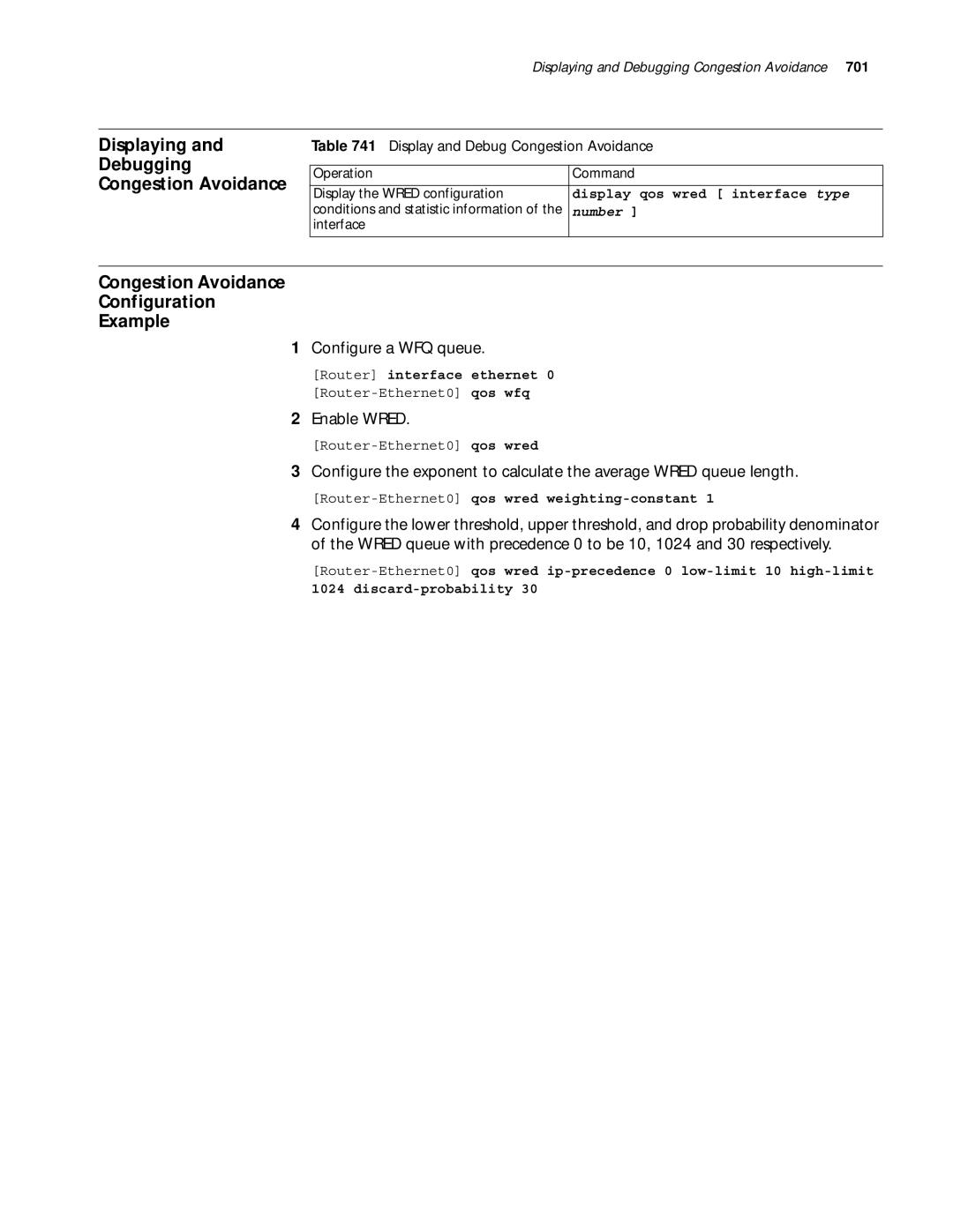 3Com 10014299 Displaying Debugging Congestion Avoidance, Congestion Avoidance Configuration Example, Configure a WFQ queue 