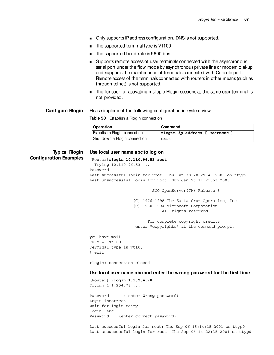 3Com 10014299 Use local user name abc to log on, Establish a Rlogin connection, Typical Rlogin Configuration Examples 