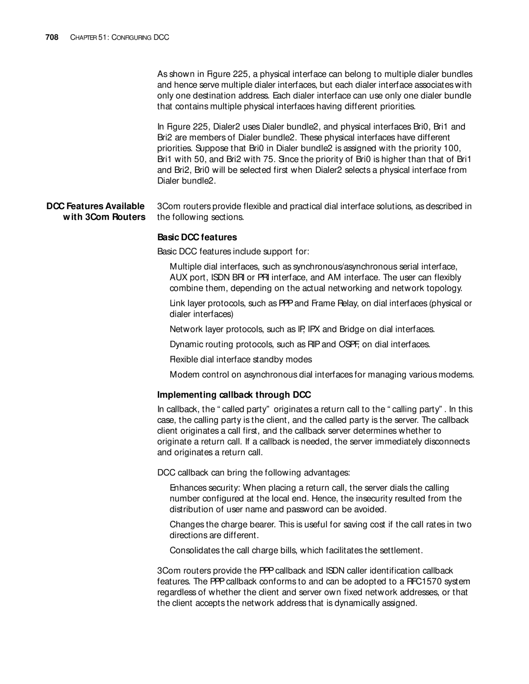 3Com 10014299 manual With 3Com Routers, Basic DCC features, Implementing callback through DCC 