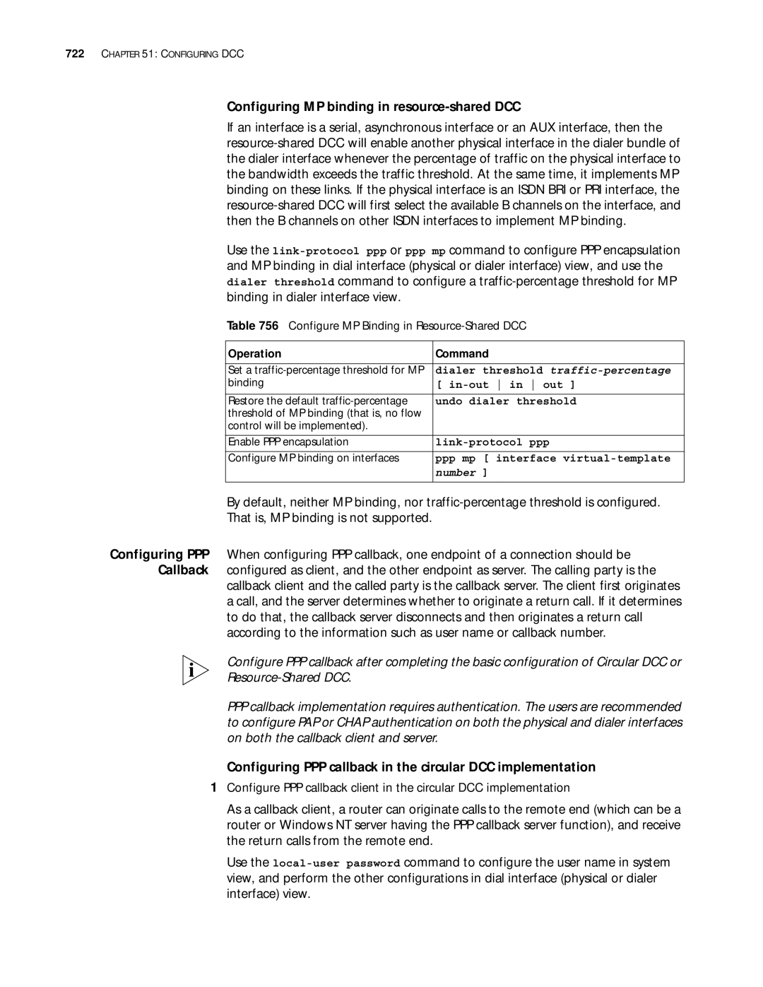 3Com 10014299 Configuring MP binding in resource-shared DCC, Configuring PPP callback in the circular DCC implementation 