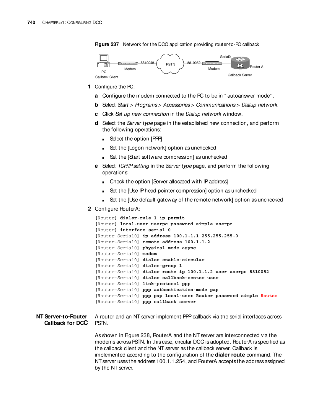 3Com 10014299 manual Callback for DC C, By the NT server, Configure the PC, NT Server-to-Router 