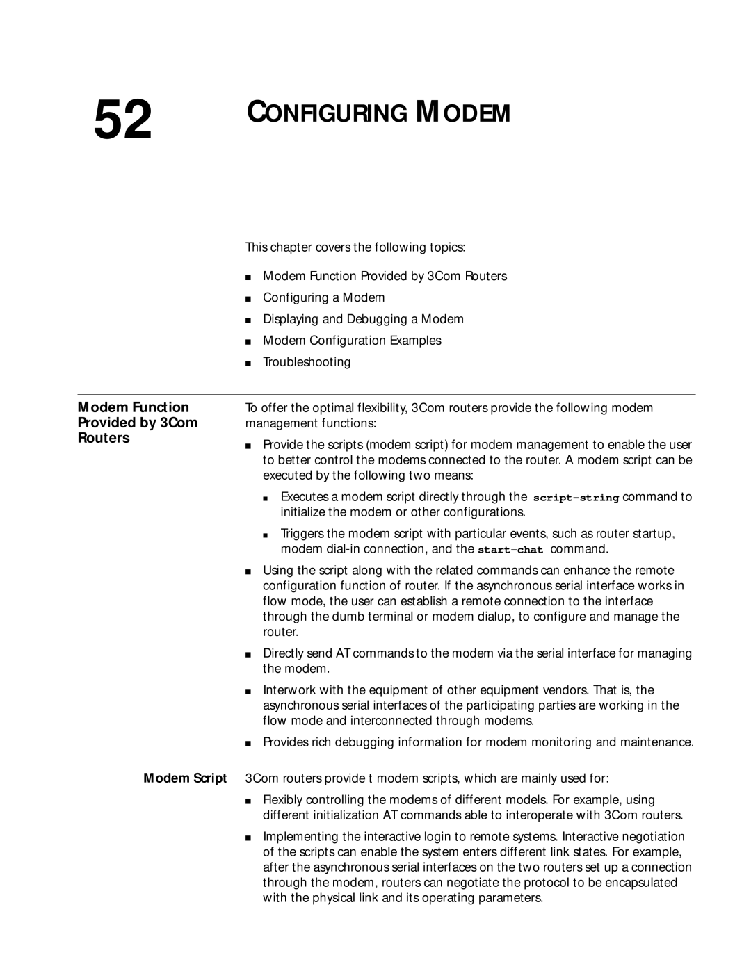 3Com 10014299 manual Modem Function Provided by 3Com Routers, Modem Script 