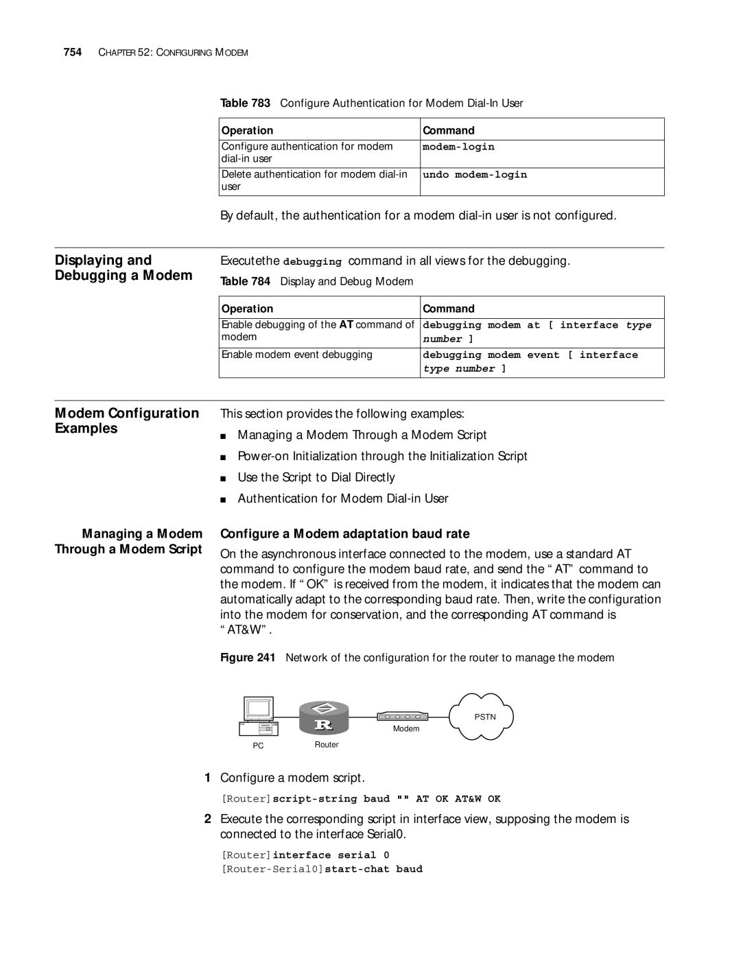 3Com 10014299 manual Displaying and Debugging a Modem, Modem Configuration Examples, Configure a Modem adaptation baud rate 