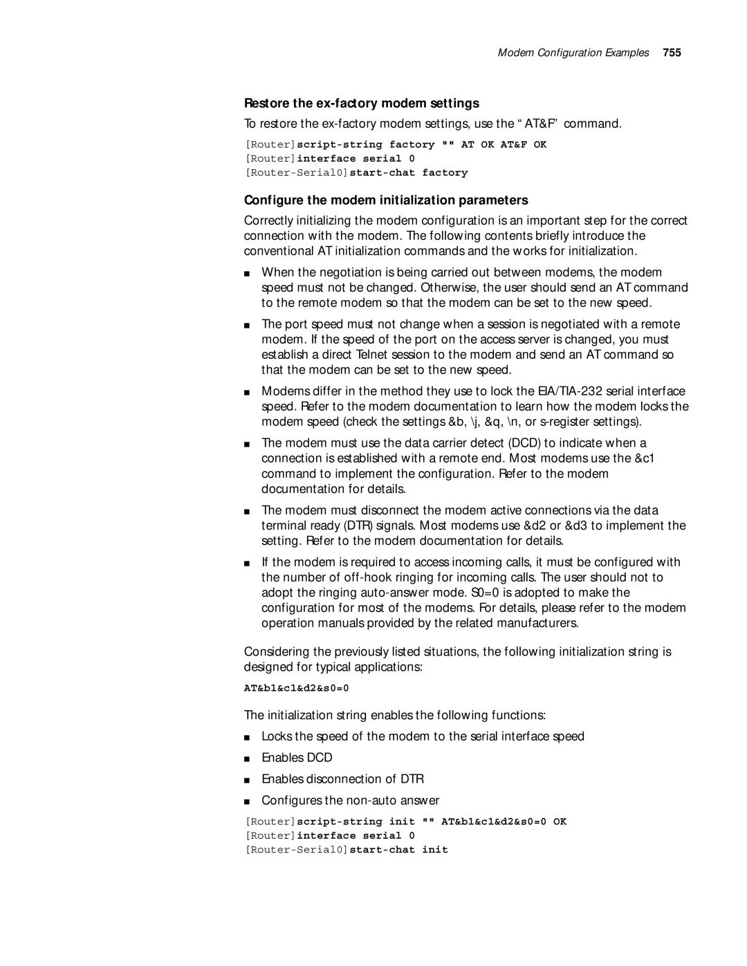 3Com 10014299 manual Restore the ex-factory modem settings, Configure the modem initialization parameters, AT&b1&c1&d2&s0=0 