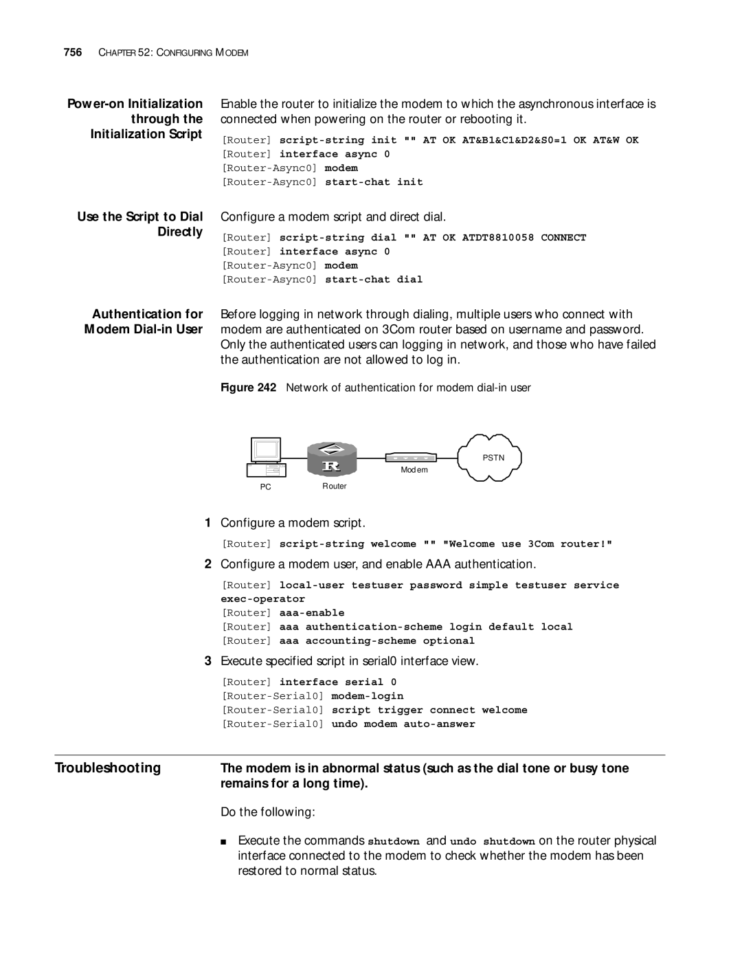 3Com 10014299 Power-on Initialization Through Initialization Script, Directly, Authentication for, Modem Dial-in User 