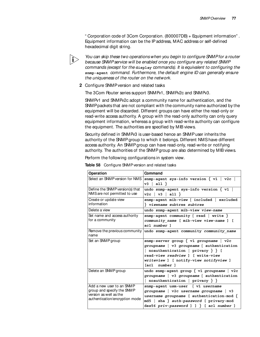 3Com 10014299 manual Perform the following configurations in system view, Configure Snmp version and related tasks 