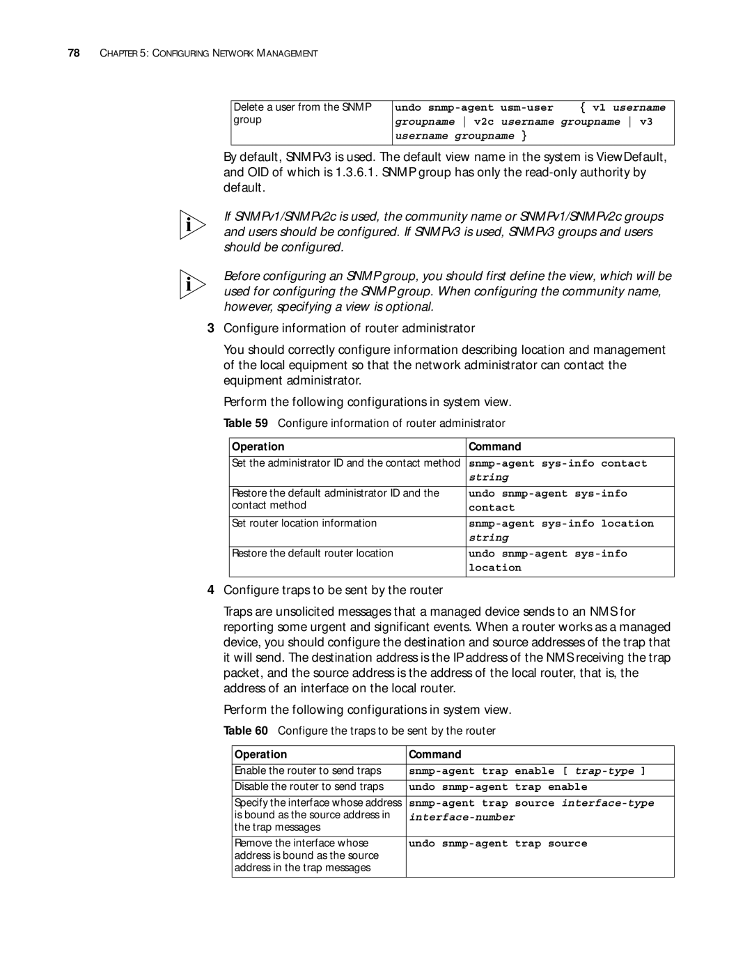 3Com 10014299 Configure information of router administrator, Configure the traps to be sent by the router, V1 username 