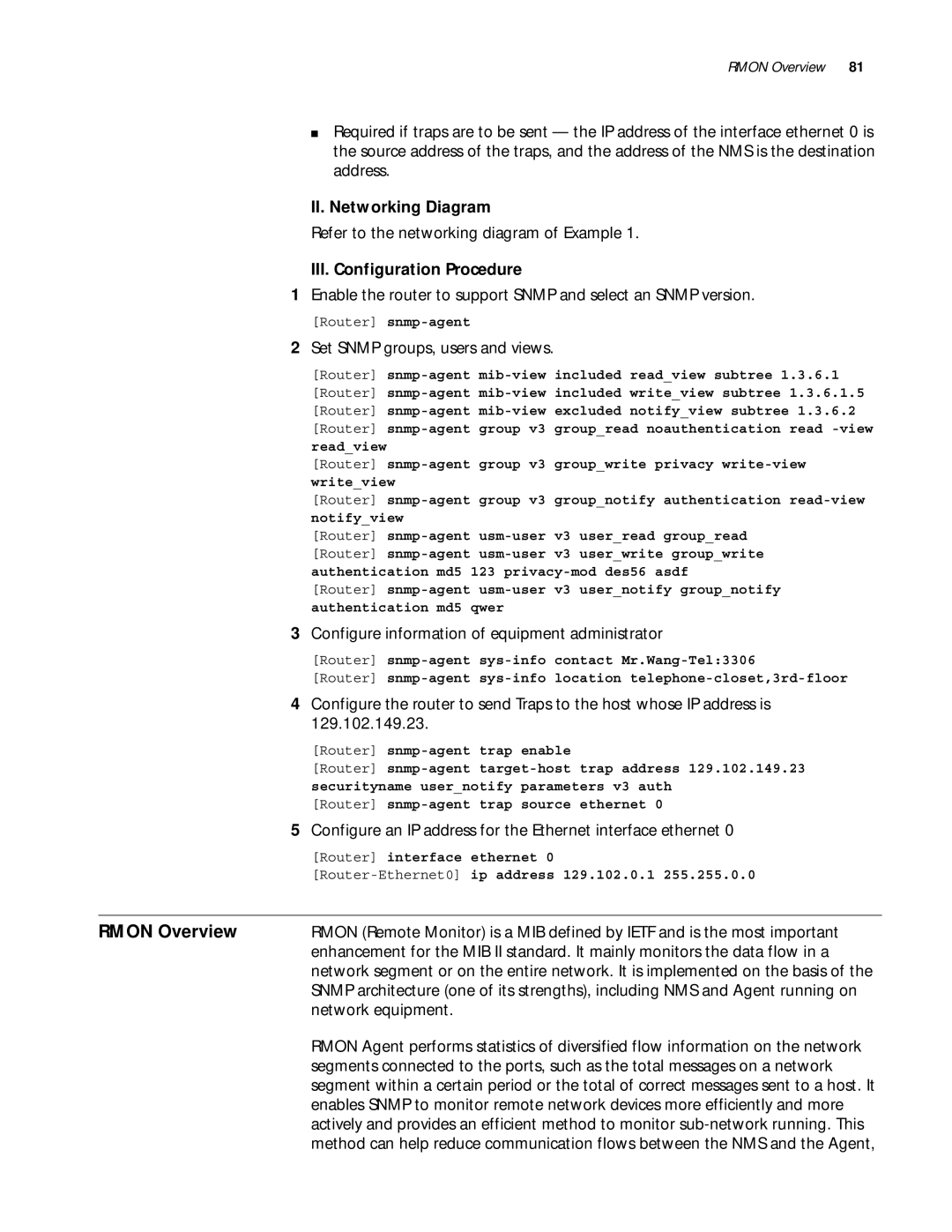 3Com 10014299 manual Rmon Overview, Configure an IP address for the Ethernet interface ethernet, Network equipment 