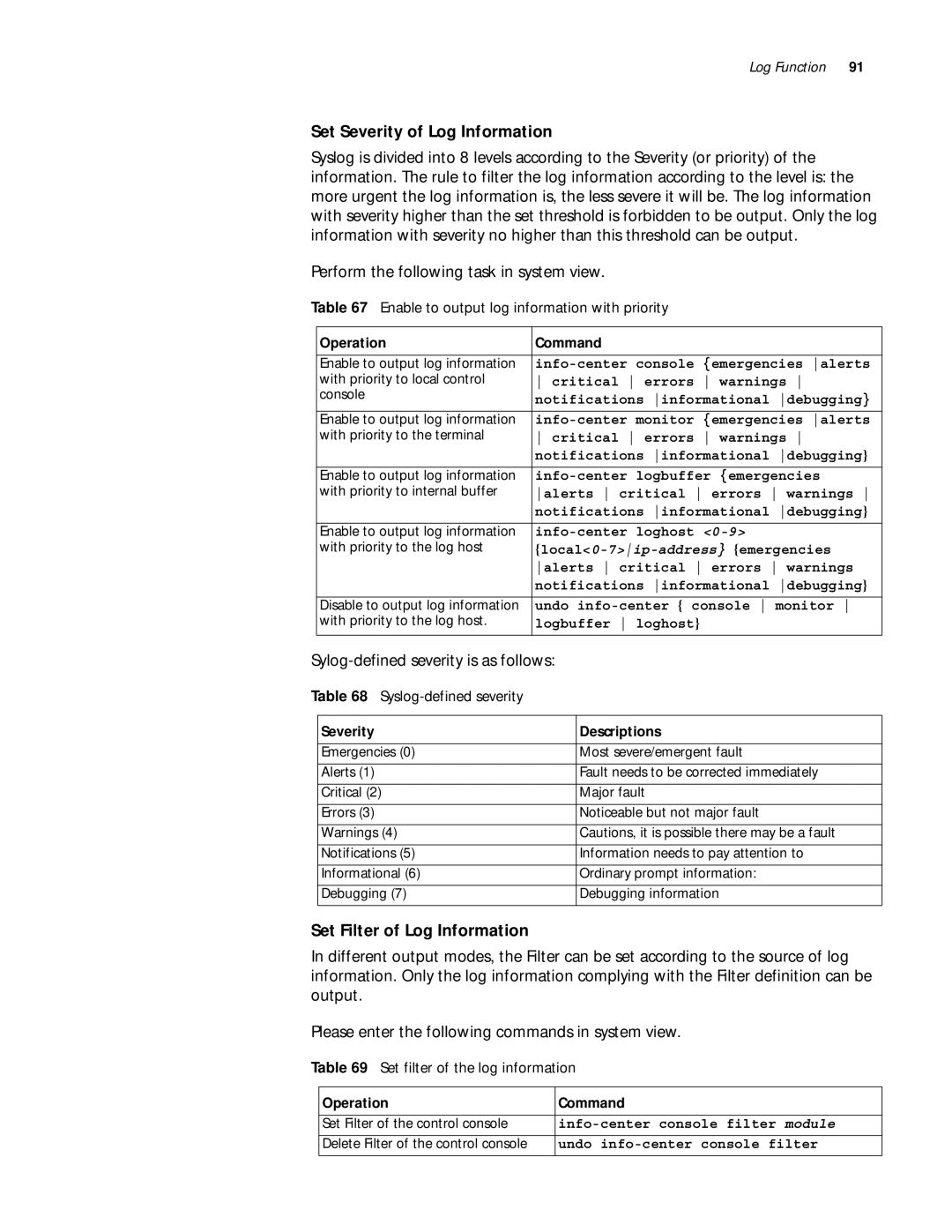 3Com 10014299 Set Severity of Log Information, Perform the following task in system view, Set Filter of Log Information 