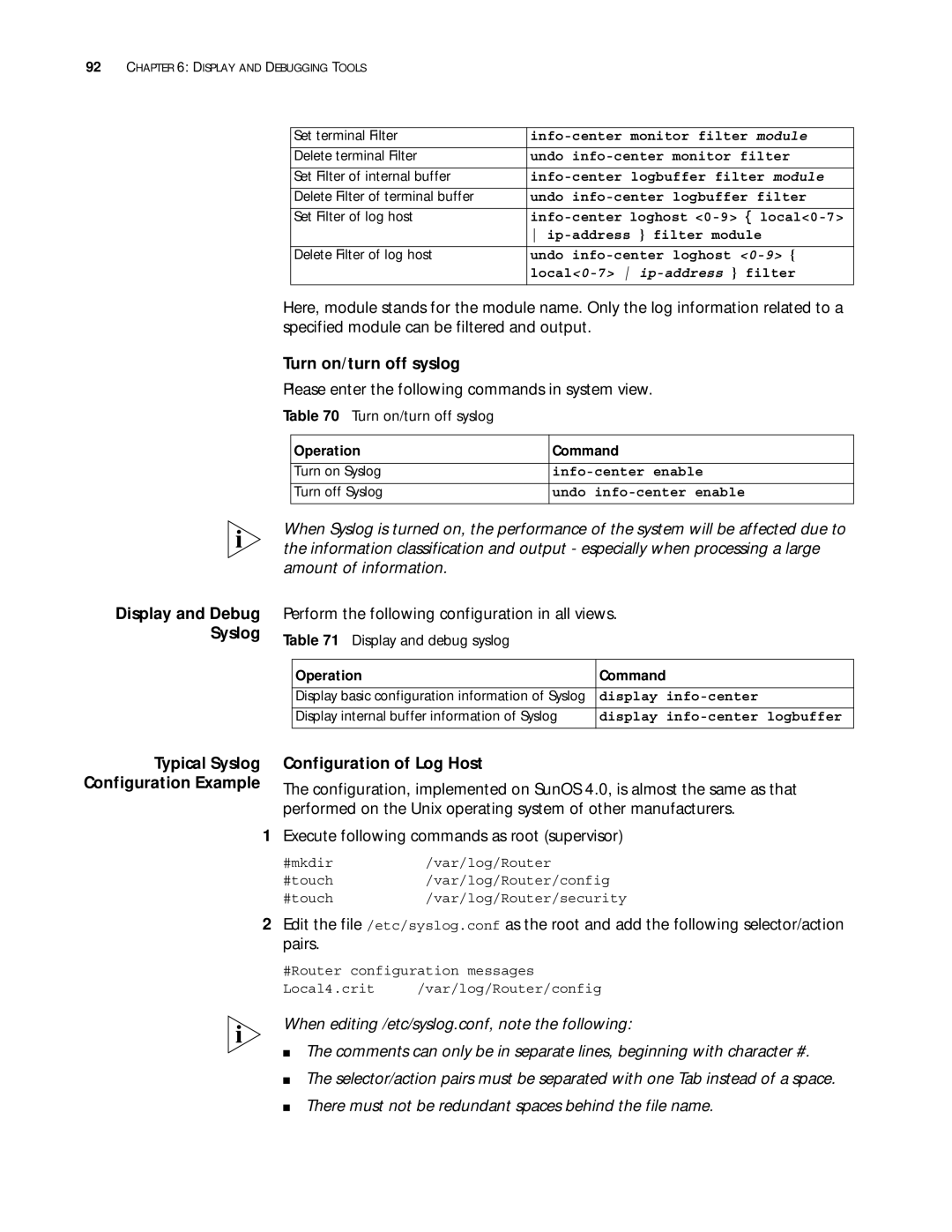 3Com 10014299 manual Turn on/turn off syslog, Configuration of Log Host, Display and Debug Syslog, Display and debug syslog 