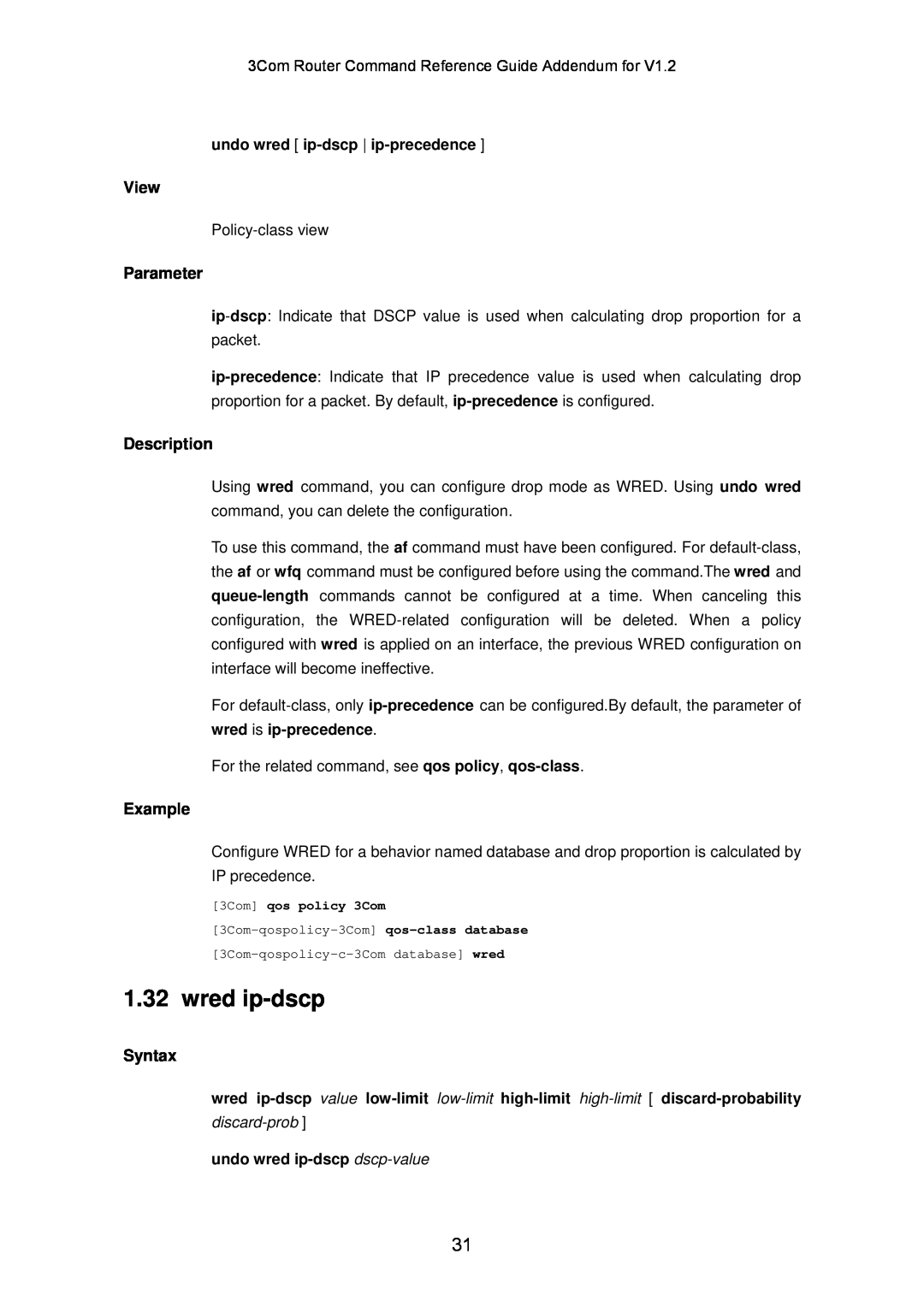 3Com 10014302 manual View, Parameter, Description, Example, Syntax, undo wred ip-dscp ip-precedence, discard-prob 