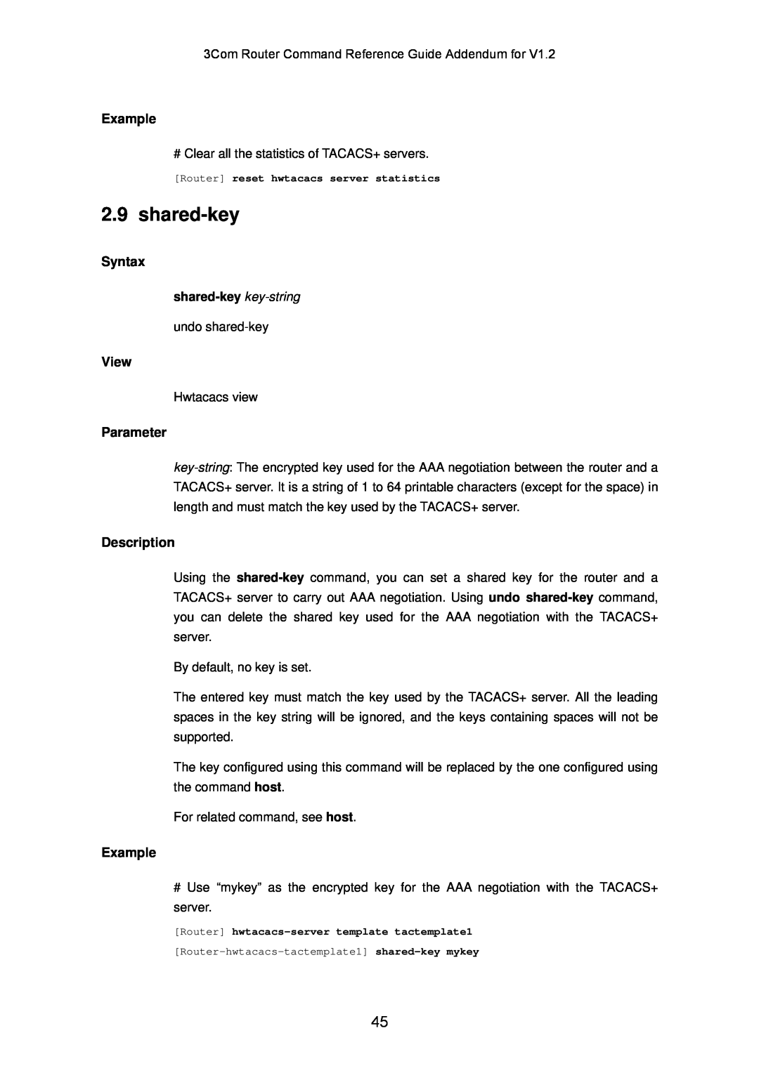 3Com 10014302 manual Example, Syntax, View, Parameter, Description, shared-key key-string 