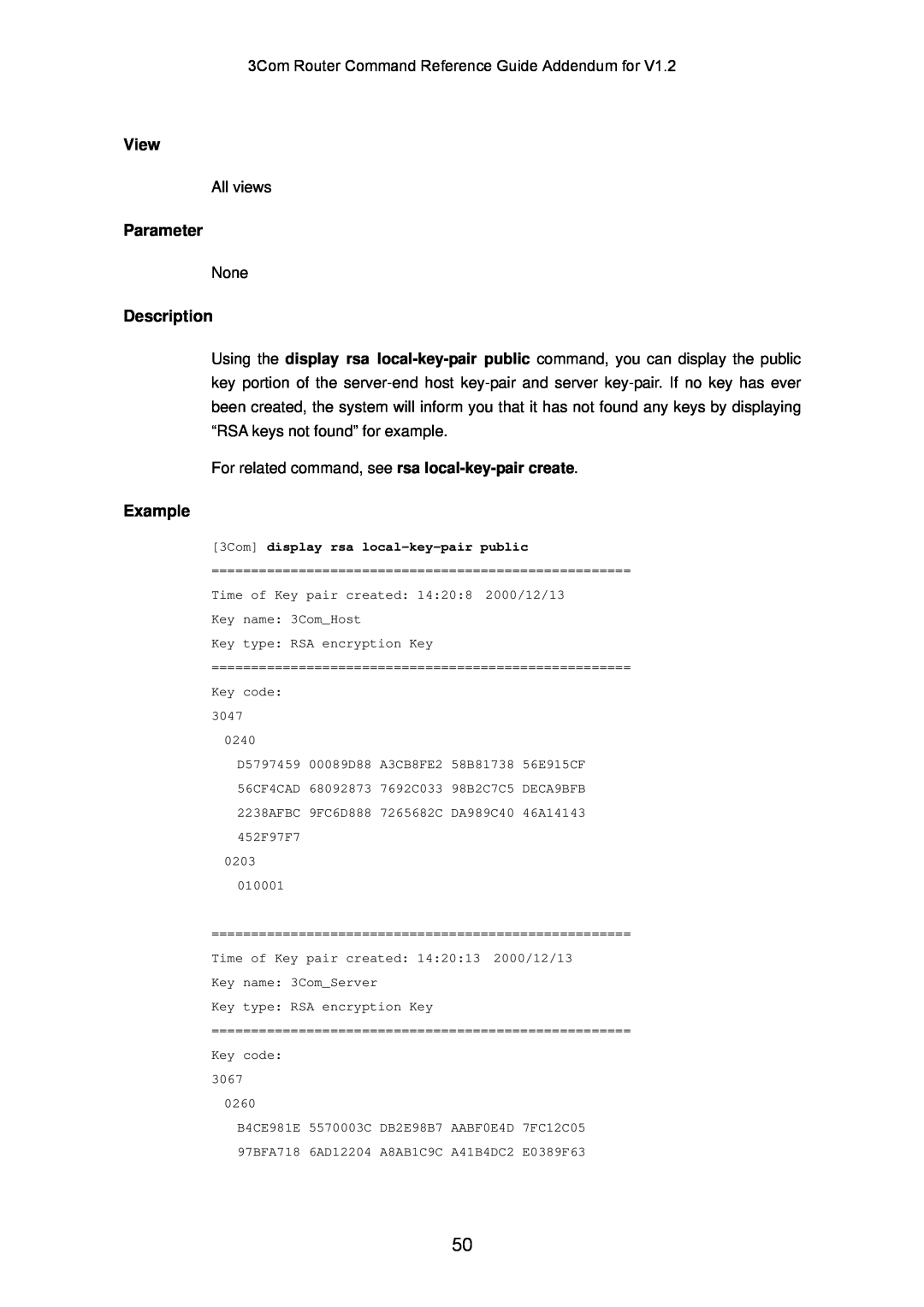 3Com 10014302 manual View, Parameter, Description, Example, 3Com display rsa local-key-pair public 