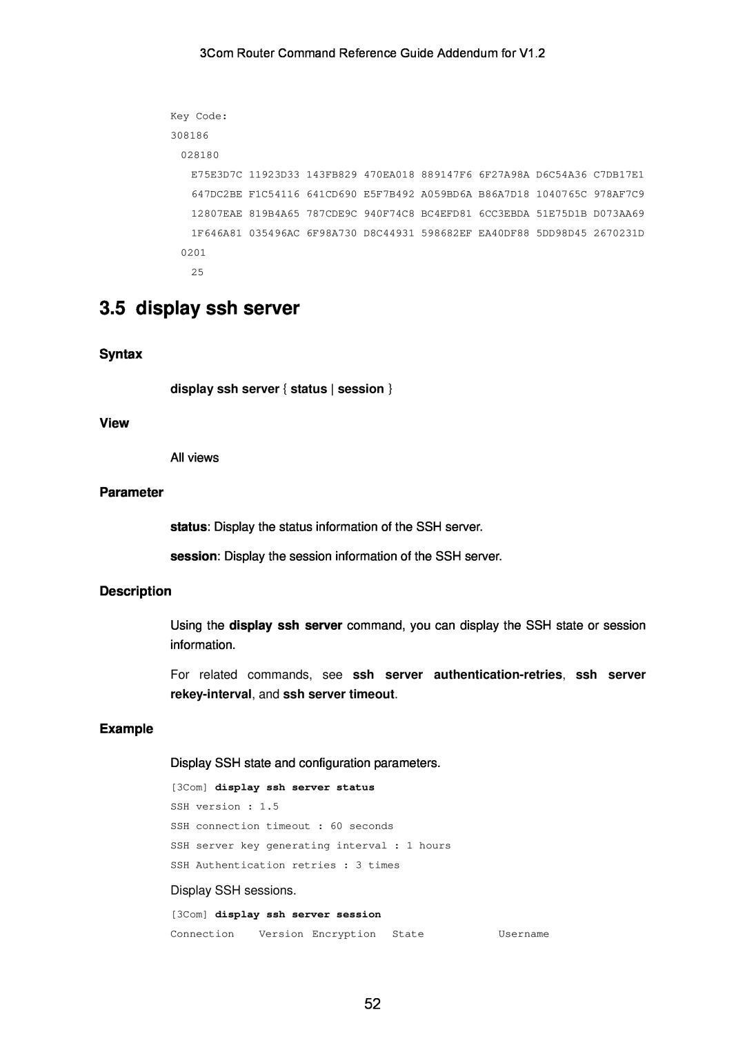 3Com 10014302 manual Syntax, View, Parameter, Description, Example, display ssh server status session 