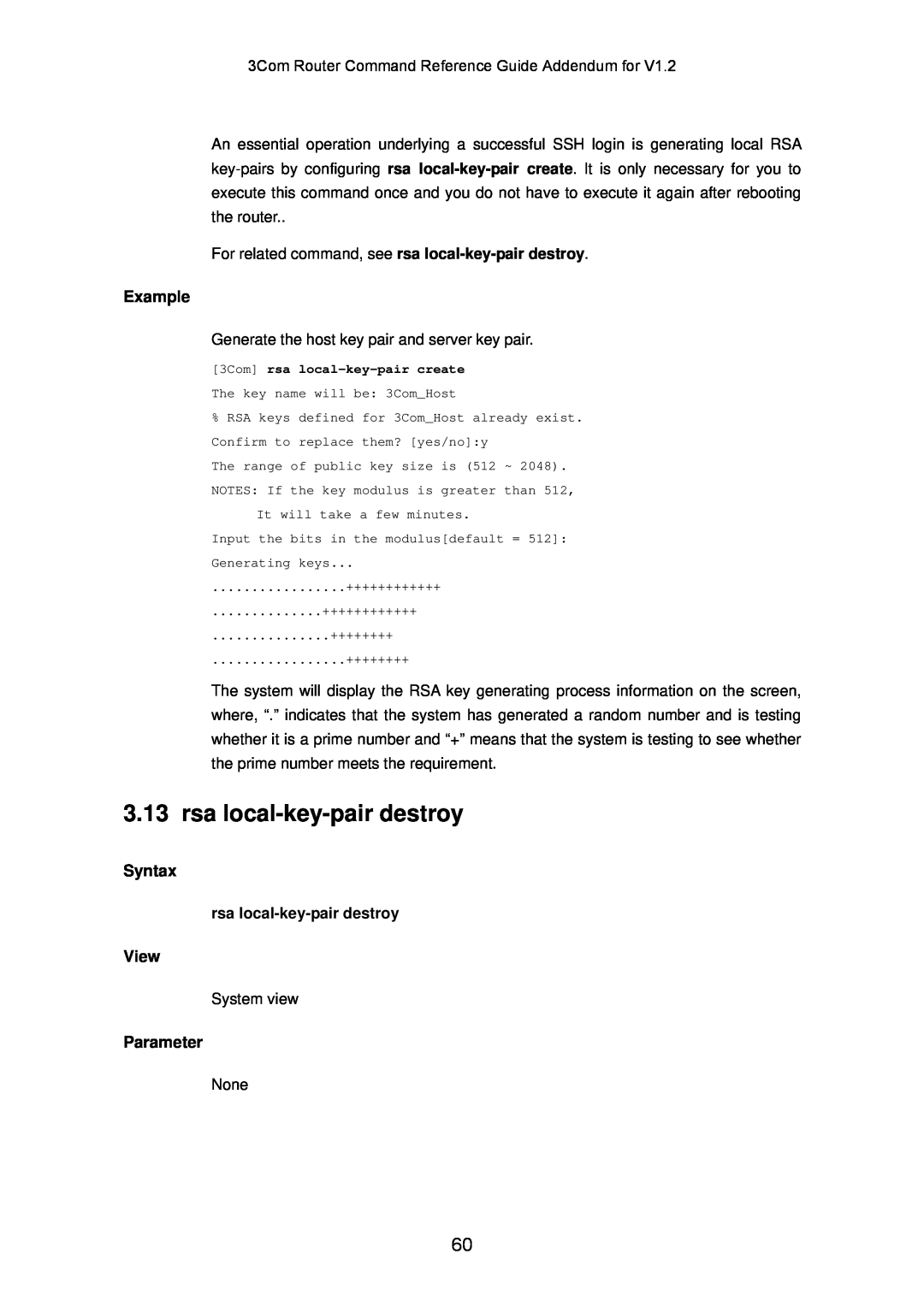 3Com 10014302 manual rsa local-key-pair destroy, Example, Syntax, View, Parameter 