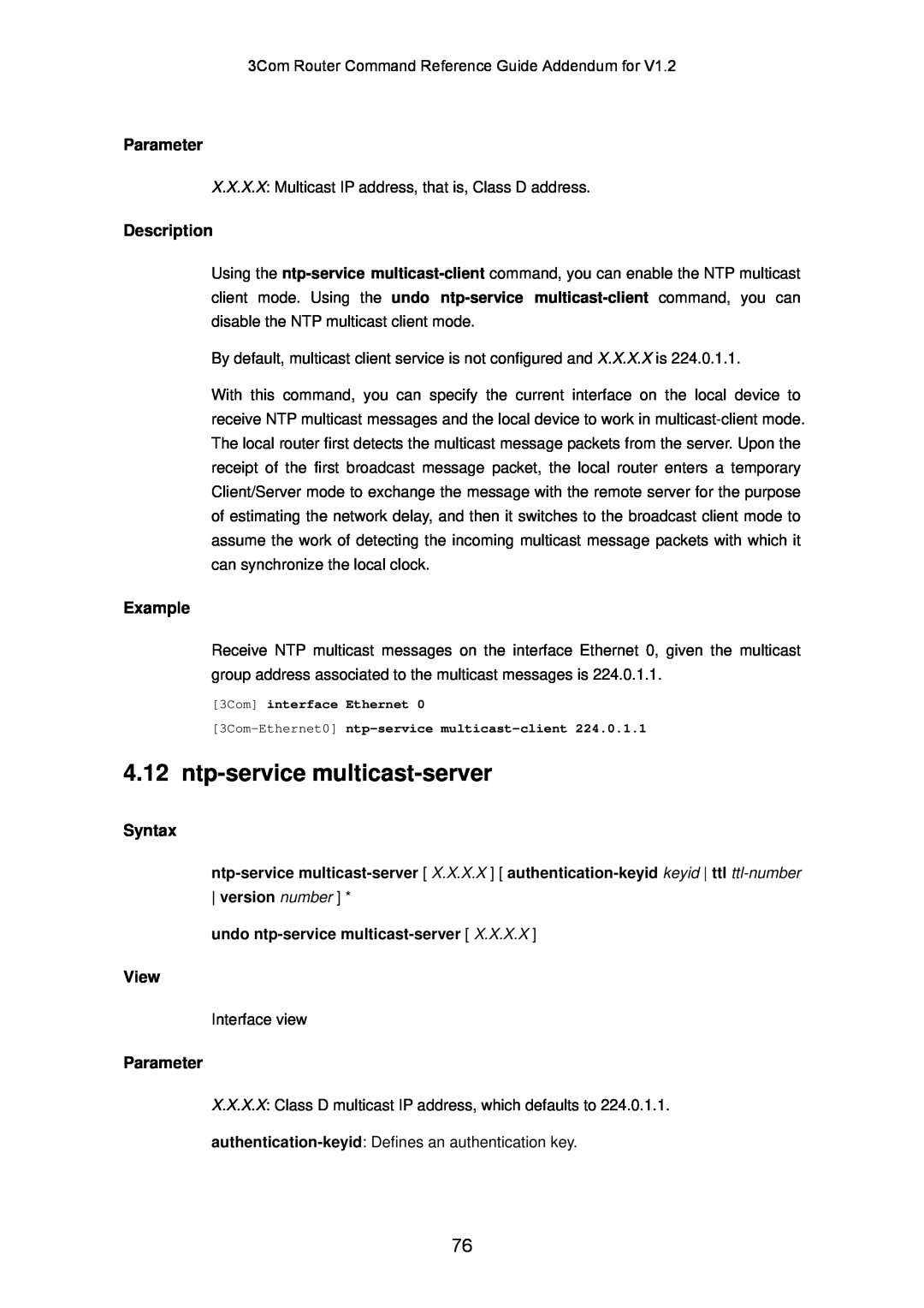 3Com 10014302 manual ntp-service multicast-server, Parameter, Description, Example, Syntax, View 