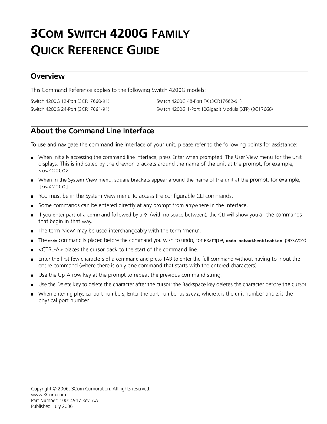 3Com 10014917 manual 3COM Switch 4200G Family Quick Reference Guide 