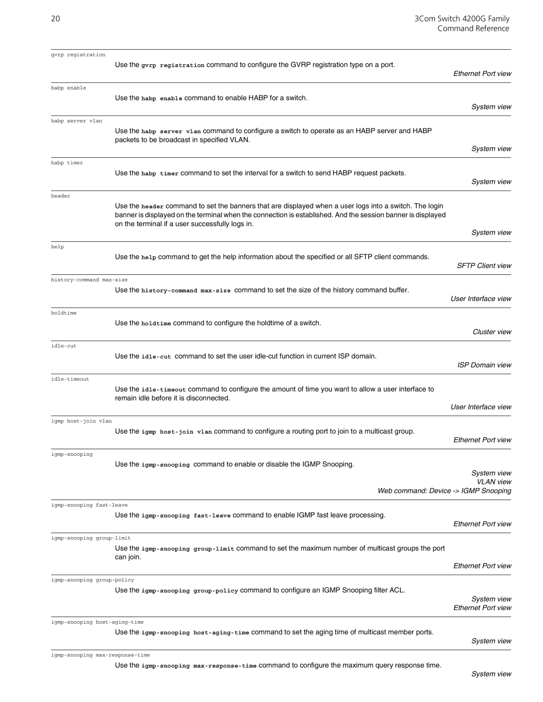 3Com 10014917 manual User Interface view, System view Vlan view Web command Device Igmp Snooping 