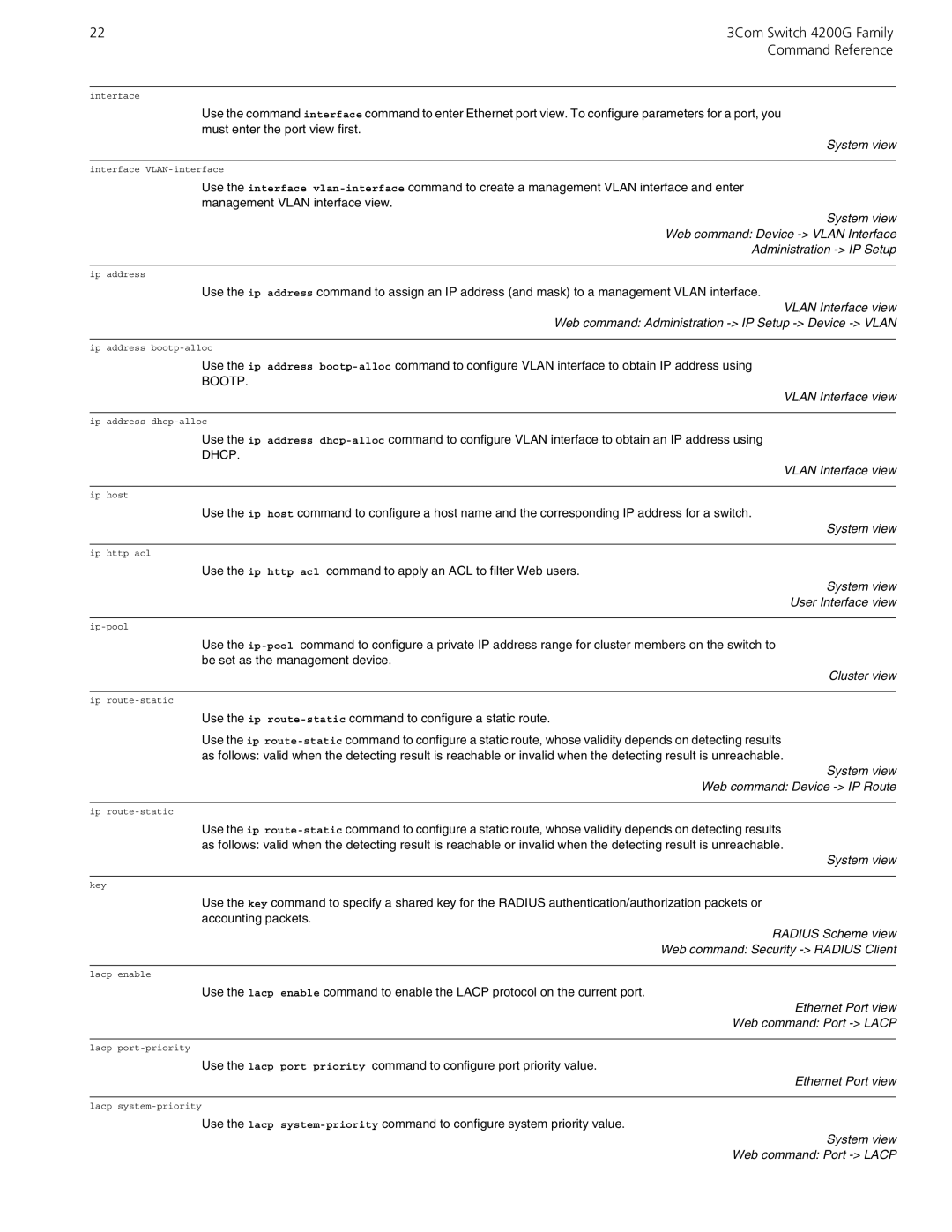 3Com 10014917 manual System view User Interface view, Radius Scheme view Web command Security Radius Client 