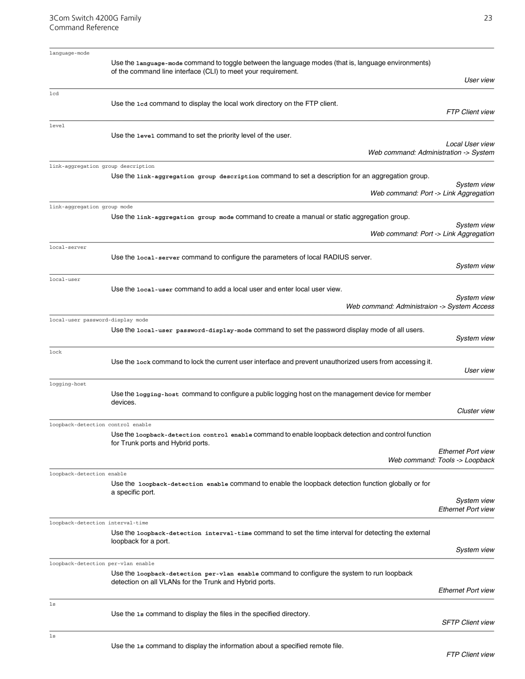 3Com 10014917 manual System view Web command Port Link Aggregation, System view Web command Administraion System Access 