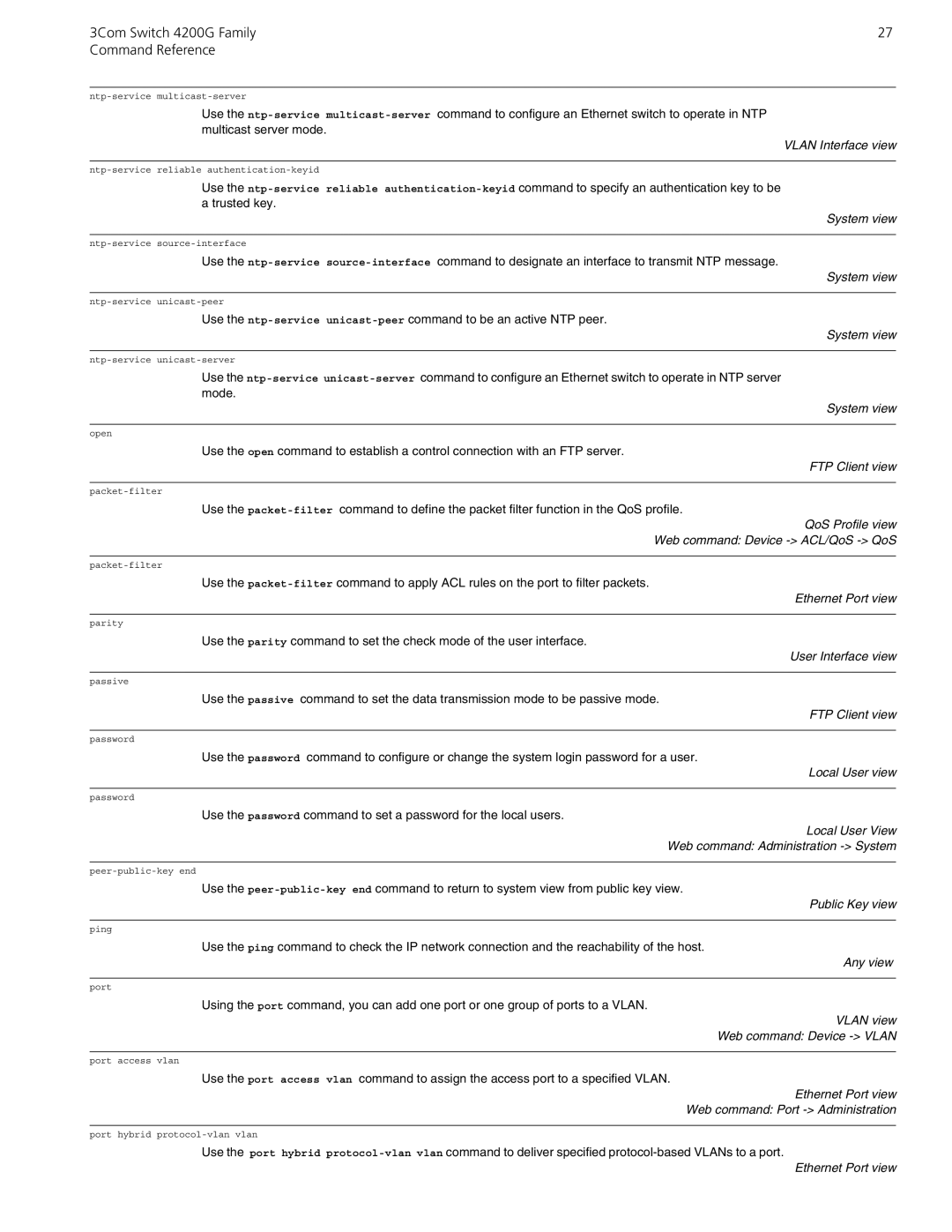 3Com 10014917 manual QoS Profile view, Web command Device ACL/QoS QoS, Local User view, Public Key view 