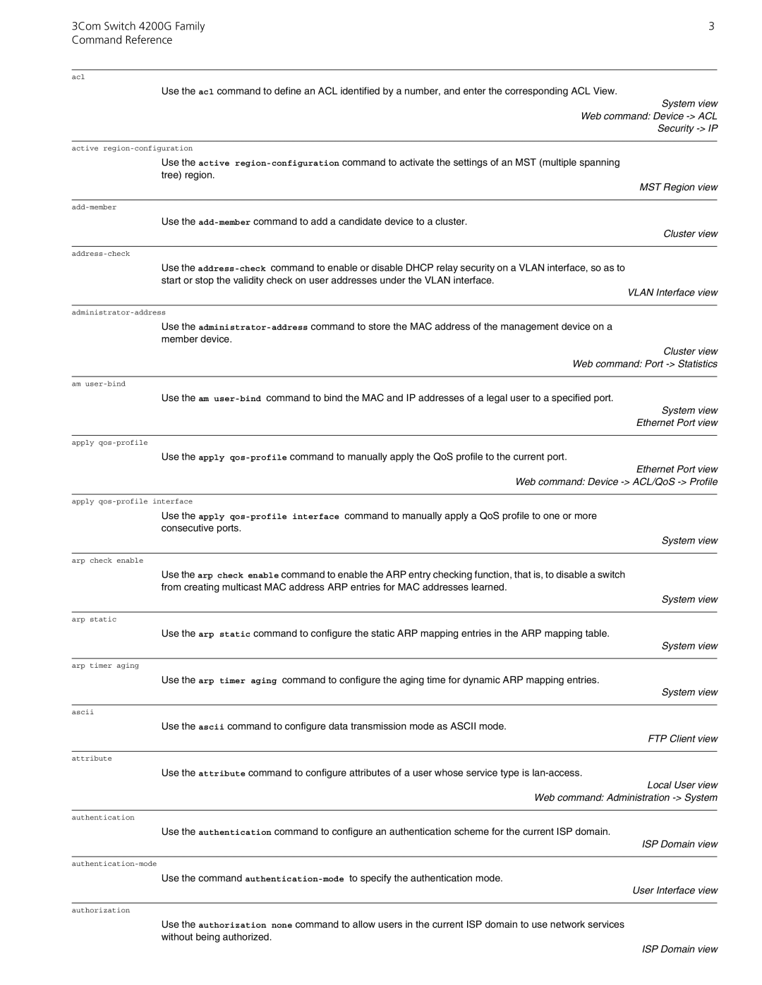 3Com 10014917 manual System view Web command Device ACL Security IP, MST Region view, Cluster view, Vlan Interface view 