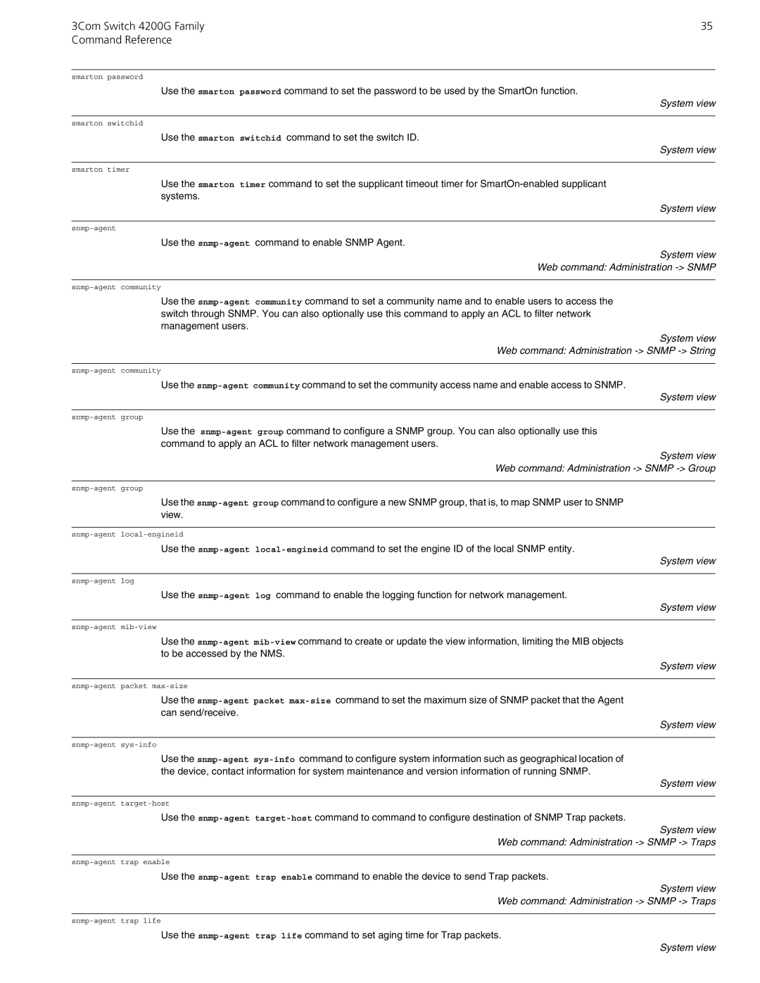 3Com 10014917 System view Web command Administration Snmp String, System view Web command Administration Snmp Group 