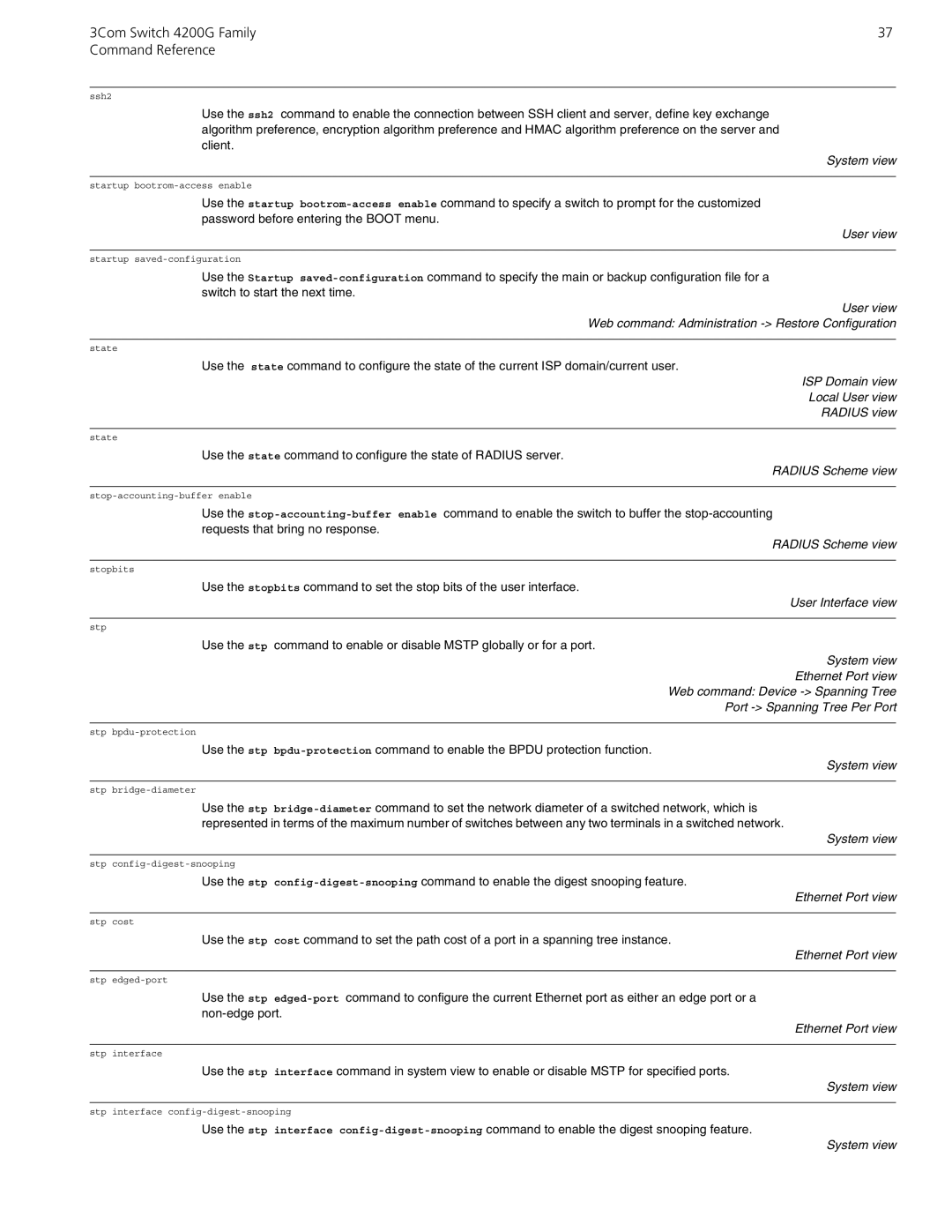 3Com 10014917 User view Web command Administration Restore Configuration, ISP Domain view Local User view Radius view 