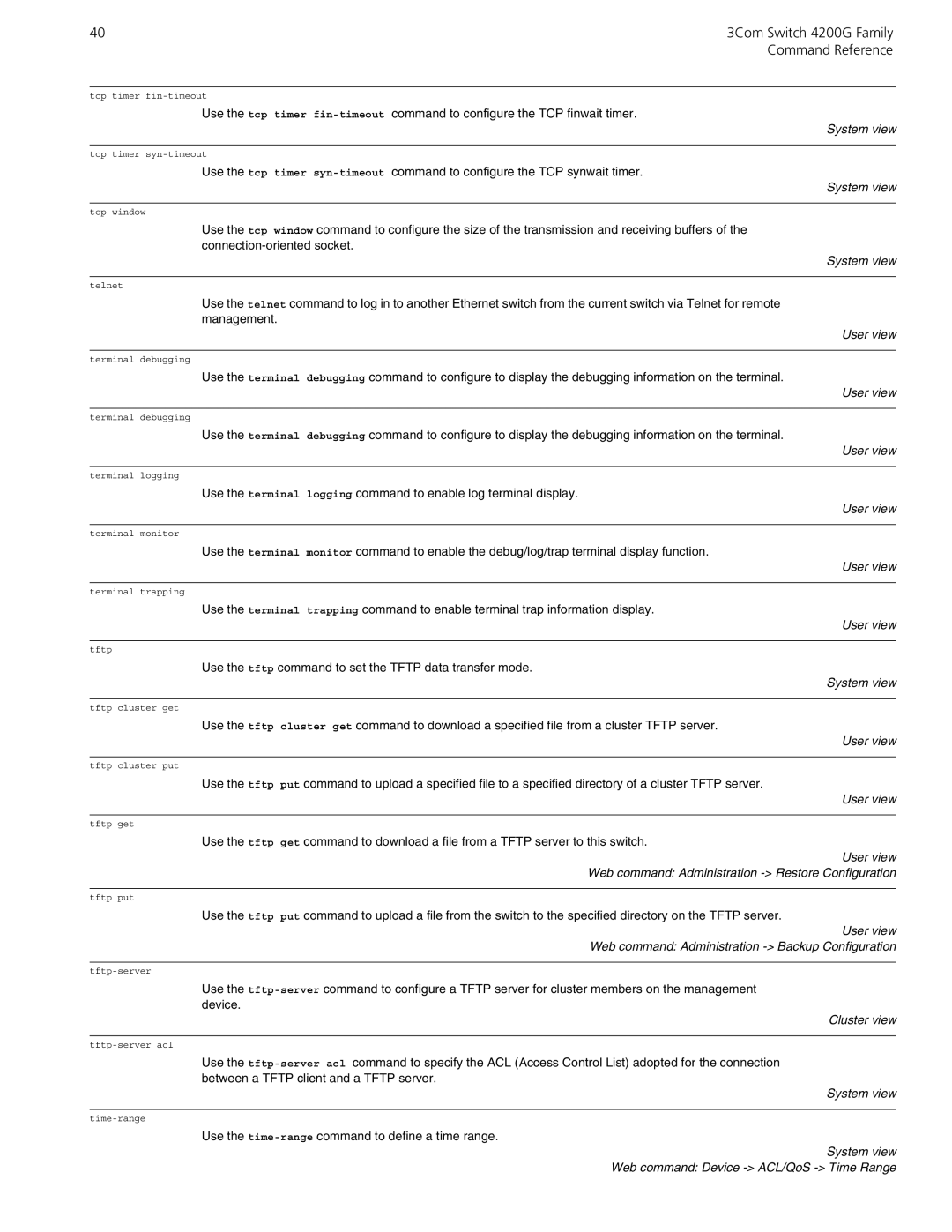 3Com 10014917 User view Web command Administration Backup Configuration, System view Web command Device ACL/QoS Time Range 