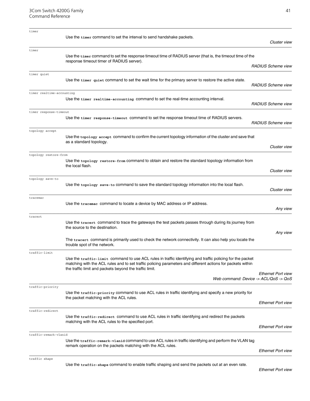 3Com 10014917 manual Radius Scheme view, Ethernet Port view Web command Device ACL/QoS QoS 