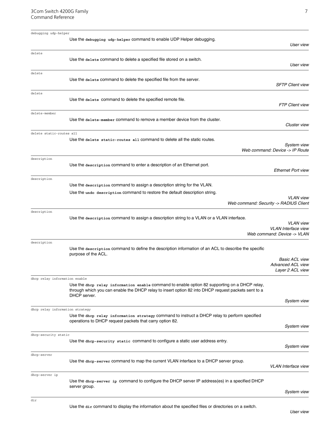 3Com 10014917 manual System view Web command Device IP Route, Vlan view Web command Security Radius Client 