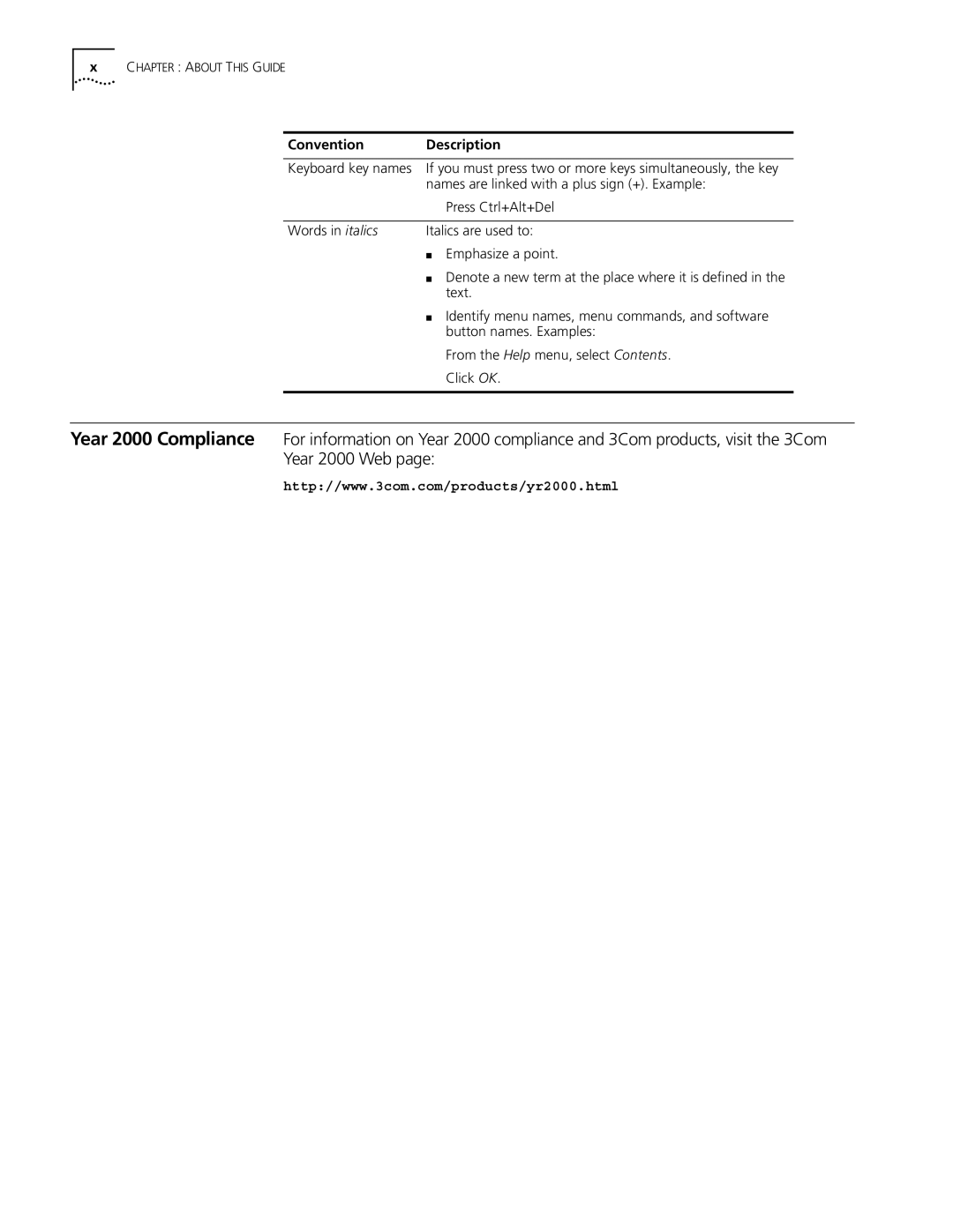 3Com 10031370-01 setup guide Convention Description Keyboard key names 