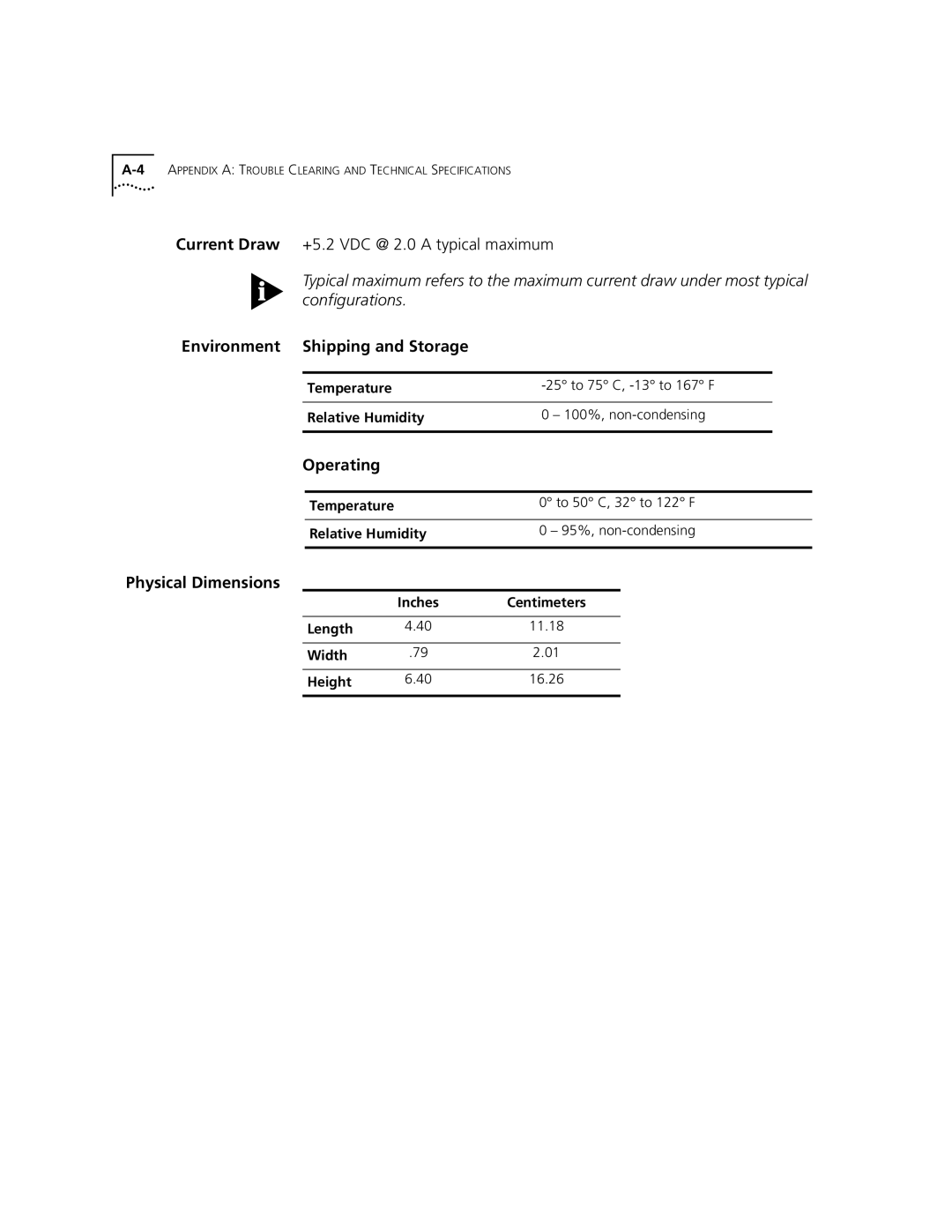 3Com 10/100BASE-T manual Temperature, Relative Humidity, Inches Centimeters Length, Width Height 