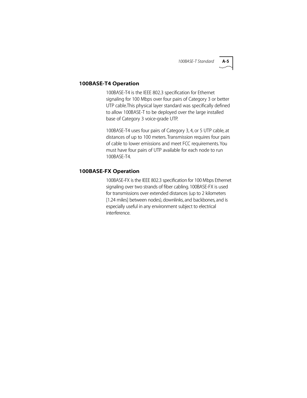 3Com 10/100BASE-T4 PCI manual 100BASE-T4 Operation, 100BASE-FX Operation 