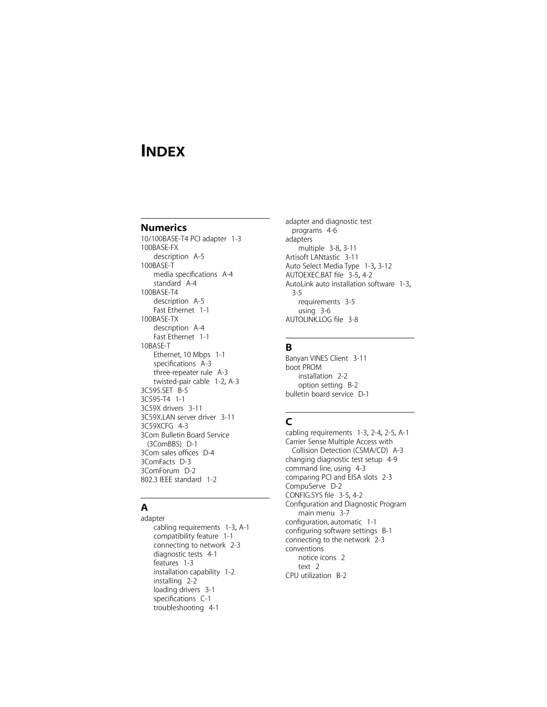 3Com 10/100BASE-T4 PCI manual Index, Numerics 