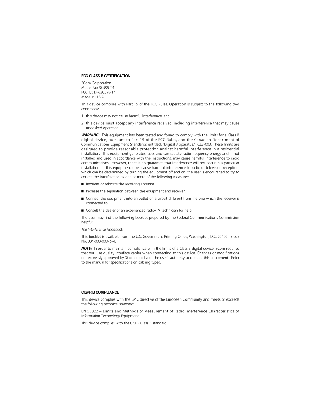 3Com 10/100BASE-T4 PCI manual Interference Handbook 