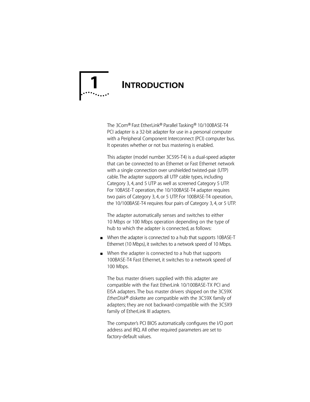 3Com 10/100BASE-T4 manual Introduction, Adapter automatically senses and switches to either 