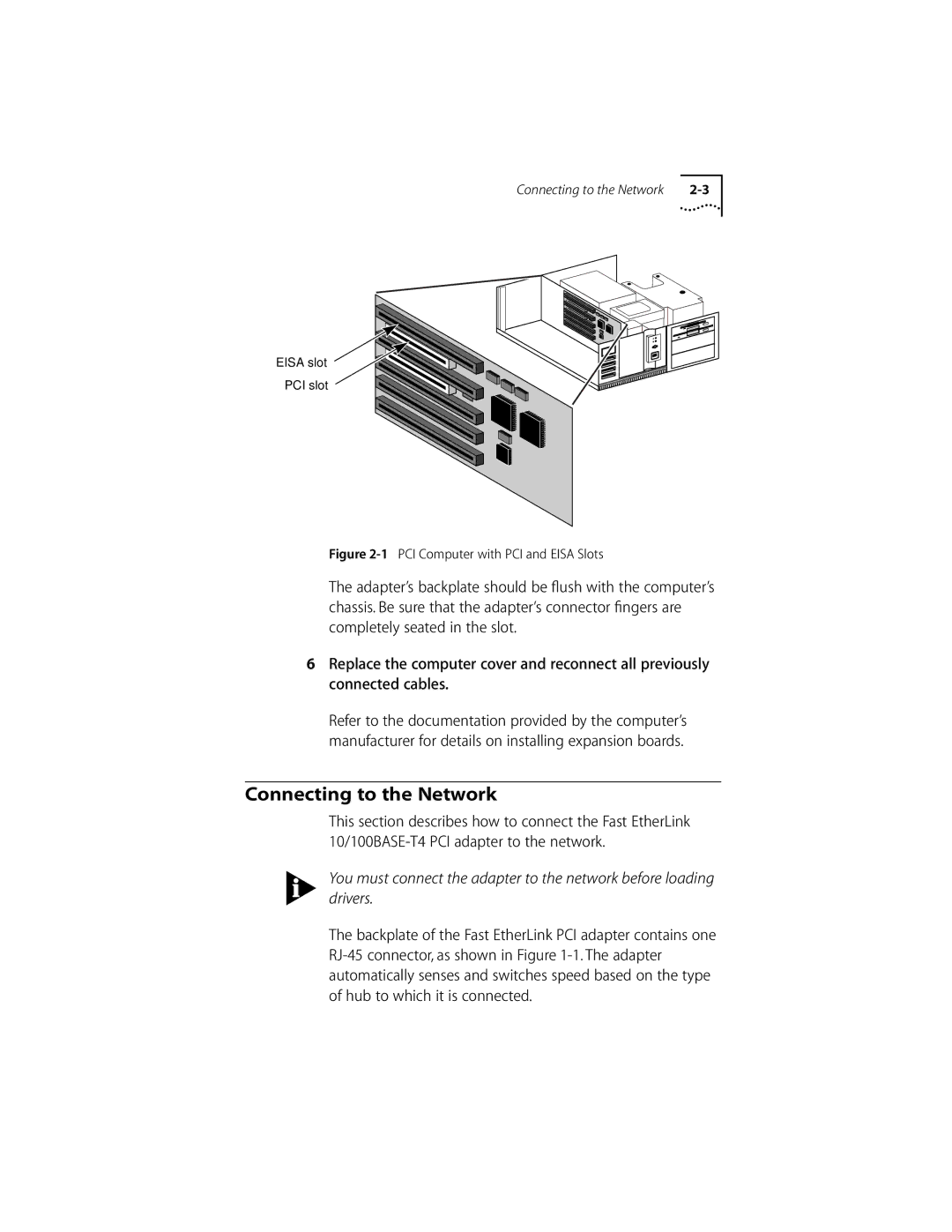 3Com 10/100BASE-T4 manual Connecting to the Network, PCI Computer with PCI and Eisa Slots 